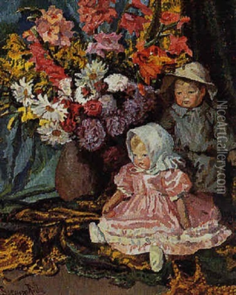 Stilleben Mit Blumenstraus Und Puppen Oil Painting - Ritta Boemm