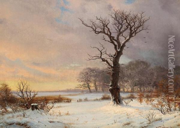 Winter's Scene With An Old, Crooked Tree In The Foreground Oil Painting - Nordahl Peter Frederik Grove