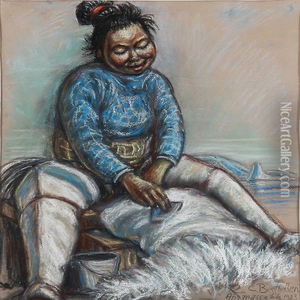 Portrait Of A Working Inuit Oil Painting - Christian Berthelsen
