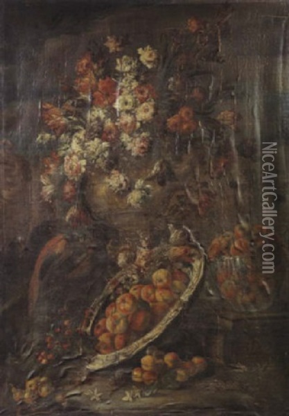 Nature Morte Au Bouquet De Fleurs Et Coupe De Fruits Dans Un Paysage Oil Painting - Nicola Casissa