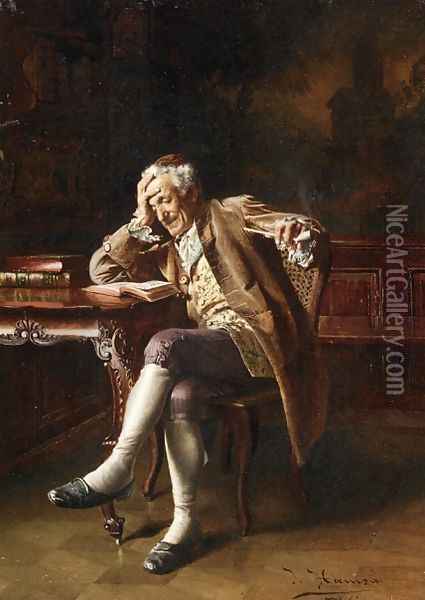 An Old Man Reading Oil Painting - Johann Hamza
