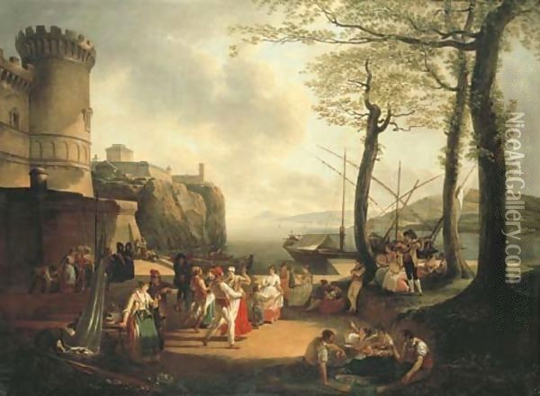 La Tarantelle An evening coastal landscape with Neapolitan peasants dancing the Tarantella Oil Painting - Jacques-Henri Sablet