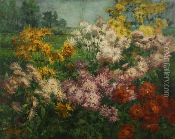 Les Chrysanthemes Oil Painting - Theodore Hannon