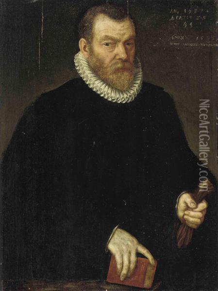 Portrait Of A Gentleman, Half-length, In Black Robes With Whiteruff, A Book In His Right Hand And A Glove In His Left Hand, At Aparapet Oil Painting - Adriaen Thomasz I Key