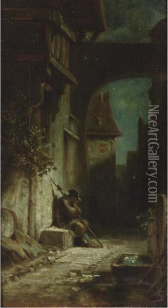 Eingeshlafener Nachtwachter: Sleeping Night Watchman Oil Painting - Carl Spitzweg