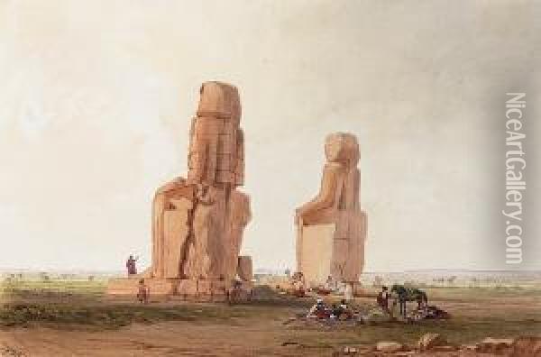 Arabs Resting By The Colossi At Memnon, Thebes Oil Painting - Frederick Catherwood