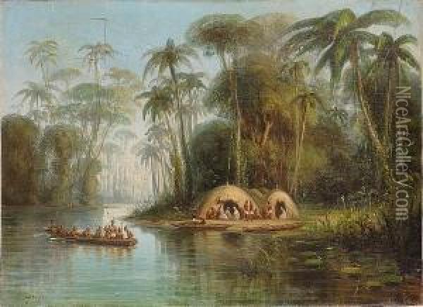 South American Natives At A Riverside Settlement Oil Painting - Anton Goering