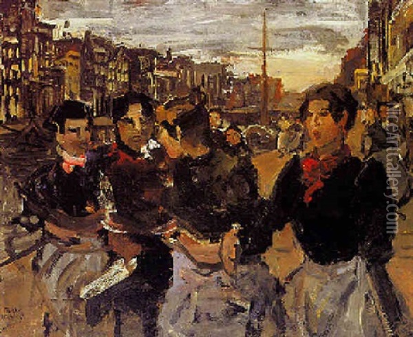 Four Girls On The Prinsengracht Oil Painting - Isaac Israels