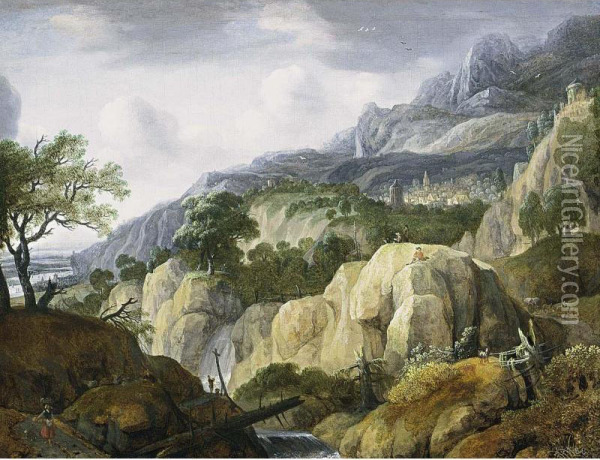 A Mountainous Landscape With Travellers On A Path Near A Waterfall And A Draughtsman On A Rock, A Town Beyond. Oil Painting - Jacob De Villeers