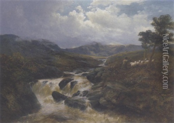 A Mountain Torrent Oil Painting - James Docharty