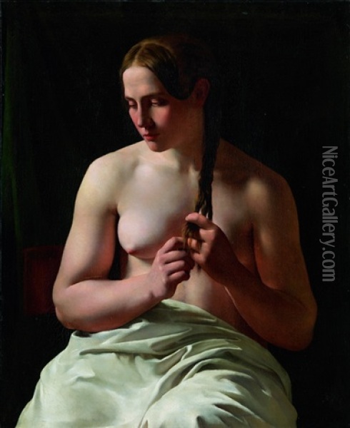 Das Modell Cathrine Nielsen, Genannt Trine, Flechtet Ihr Haar Oil Painting - Ludwig August Smith