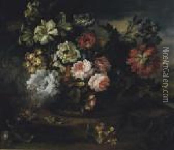 Still Life Of Flowers In A Basket Oil Painting - Jean-Baptiste Monnoyer