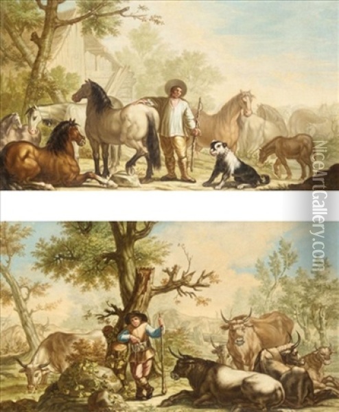 Landscape With A Stablehand With His Horses (+ Landscape With A Drover And His Cattle; Pair) Oil Painting - Francesco Londonio