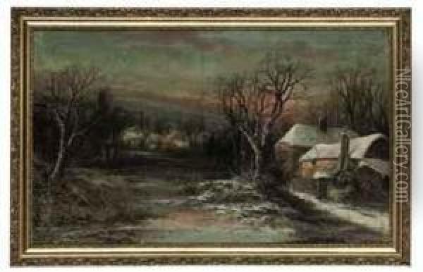 Cottages In A Snowy Landscape Oil Painting - William Stone