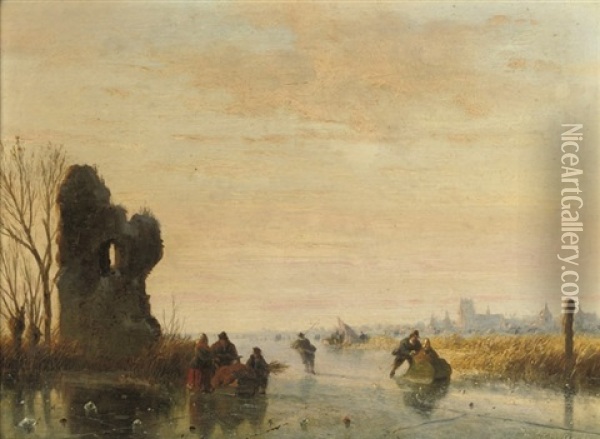 Activities On The Ice, With Dordrecht In The Distance Oil Painting - Nicolaas Johannes Roosenboom