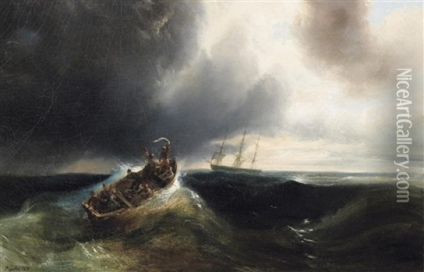 In Seenot. Segelschiffe Auf Sturmischer See Bei Aufziehendem Unwetter Oil Painting - Baron Jean Antoine Theodore Gudin