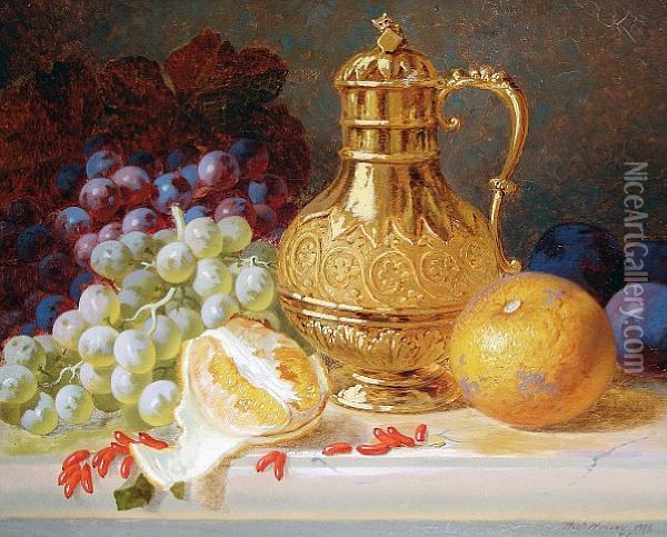 Still Life Of Oranges, Grapes And Plums With Aclaret Jug Oil Painting - Thomas Worsey