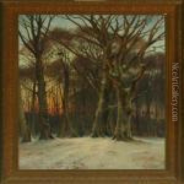 Winter Forest With A Walking Person Oil Painting - Carl Milton Jensen