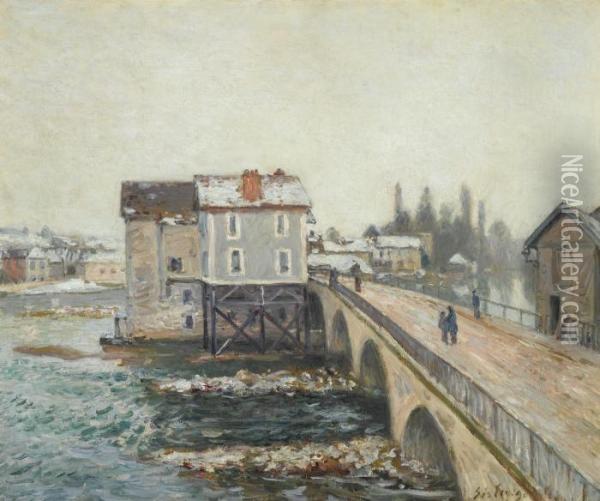 Le Pont De Moret Et Les Moulins - Effet D'hiver Oil Painting - Alfred Sisley