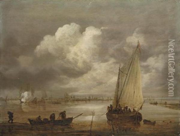 A River Landscape With Fishermen Drawing In Their Nets And A Town Beyond Oil Painting - Jan van Goyen