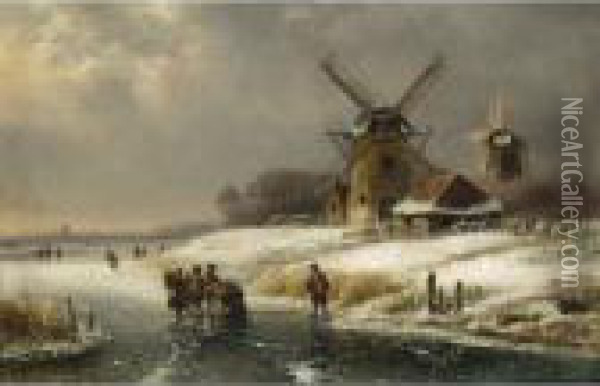 Figures On A Frozen Waterway By A Windmill Oil Painting - Lodewijk Johannes Kleijn