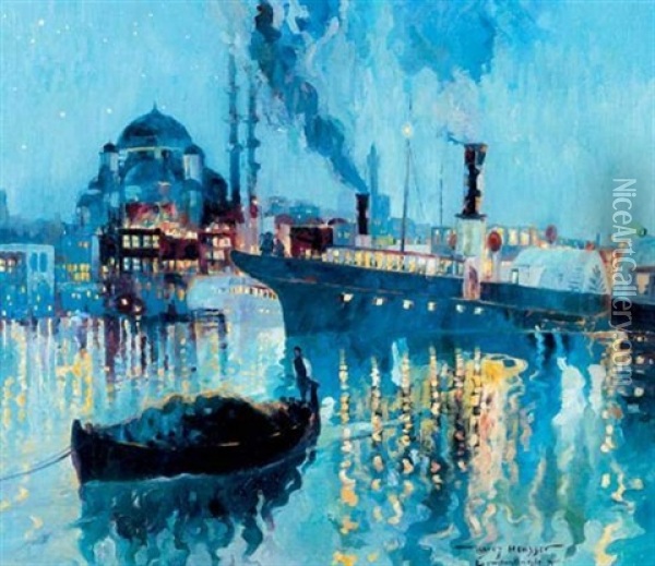Vue De La Corne D'or La Nuit Oil Painting - Harry (Heinrich) Heusser
