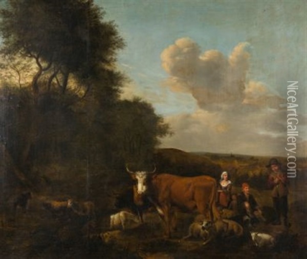 Weite Landschaft Mit Vieh, Schafen Und Hirten Oil Painting - Albert Jansz Klomp