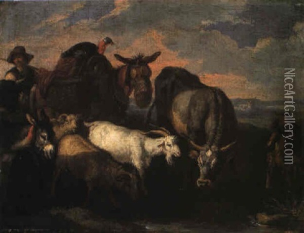 Pastore E Animali Al Pascolo Oil Painting - Pieter van Bloemen