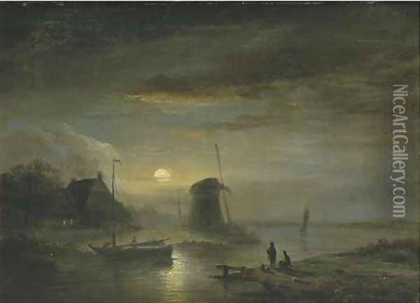 A moonlit river landscape Oil Painting - Jacobus Theodorus Abels