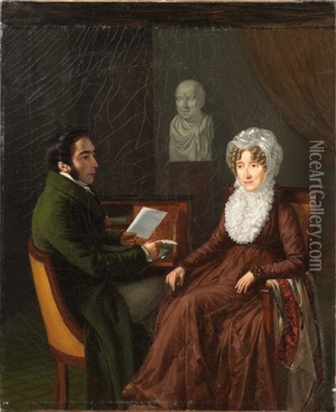Portrait Of A Man And A Woman, Presumably Baroness Louise Deconchy Receiving Word Of Her Husband's Death In Battle Oil Painting - Jean Joseph Vaudechamp