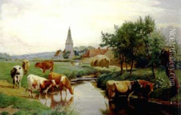 Rural Scene With Cattle Watering Oil Painting - William Sidney Cooper