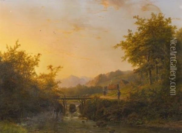 Landscape With Peasants Walking Near A River At Dusk Oil Painting - Johann Bernard Klombeck