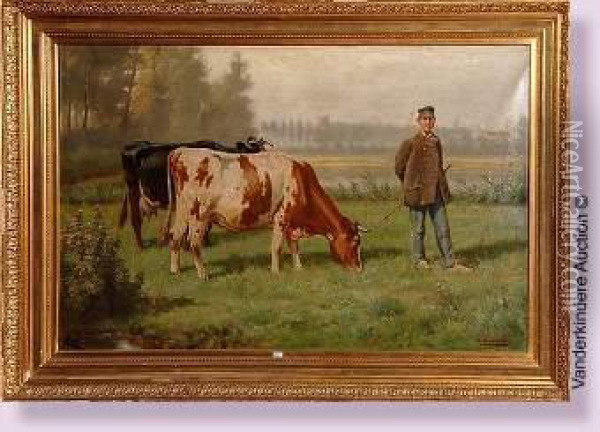 Paysan Et Ses Deux Vaches Au Pre Oil Painting - Henri De Beul