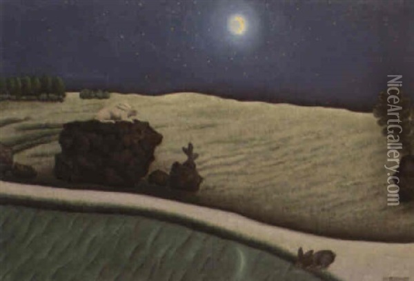 Trois Lapins Au Clair De Lune Oil Painting - Dominique Paul Peyronnet