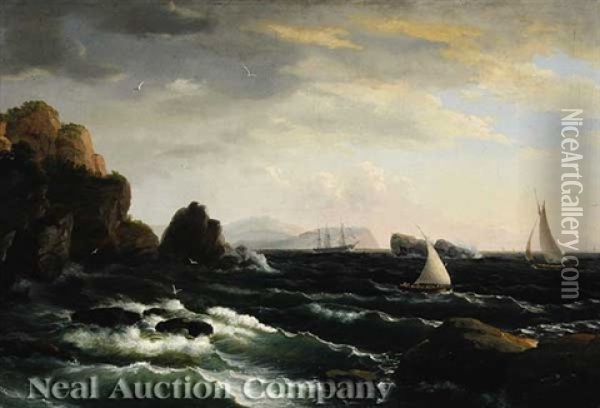 Fishing Boats Off Rocky Coast With Schooner In The Distance Oil Painting - Thomas Birch