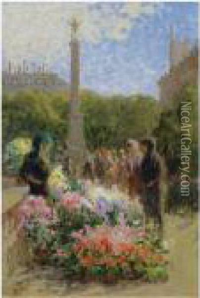 L'ile De La Cite, La Fontaine Du Palmier Et Le Marche Aux Fleurs Oil Painting - Pierre Eugene Montezin