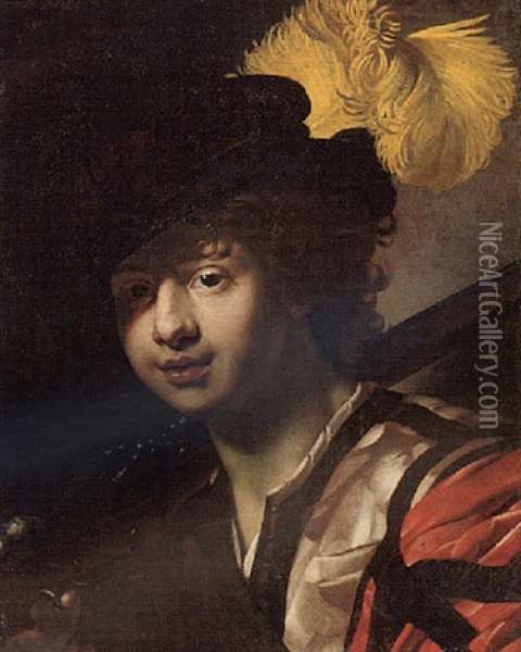 A Youth Wearing A Plumed Cap Oil Painting - Nicolas Regnier
