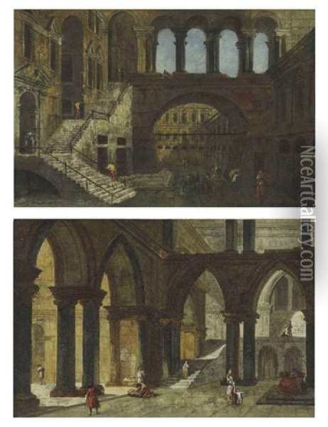Architectural Fantasy With A Staircase In An Open Courtyard(+ Architectural Fantasy With Gothic Arches, 2 Works) Oil Painting - Michele Marieschi