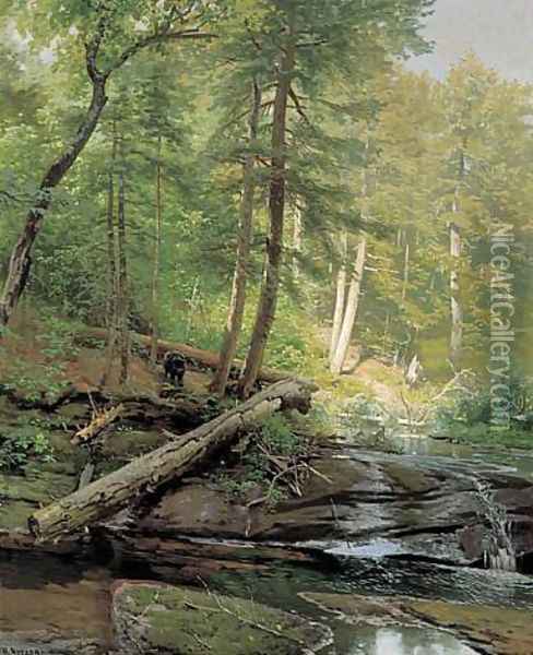 Bear Approaching a Forest Stream Oil Painting - Herman Herzog