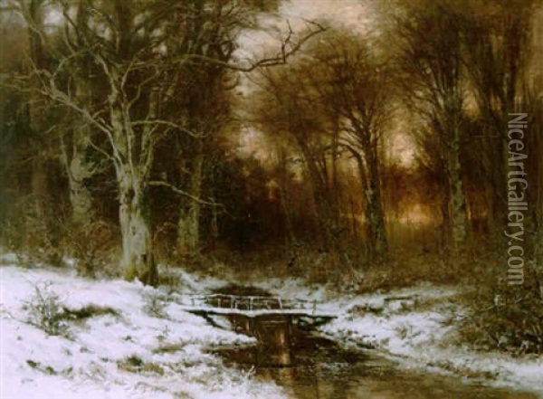 A Wintry Forest Scene At Dusk Oil Painting - Louis Apol