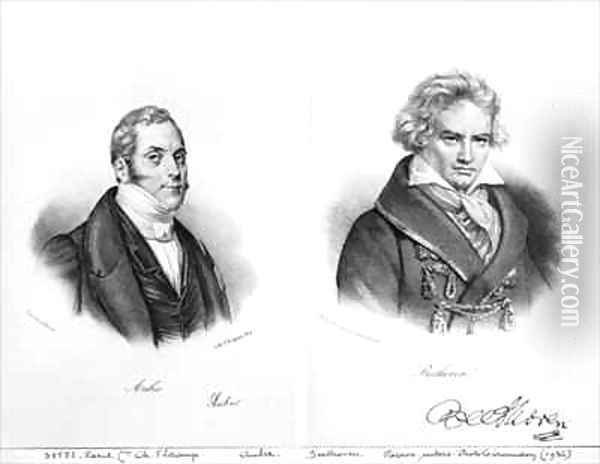Esprit Auber (1782-1871) and Ludwig van Beethoven Oil Painting - Auguste Bry