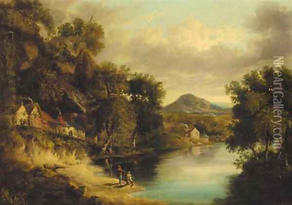 Anglers on the bank of a lake in a wooded landscape, a village beyond Oil Painting - James Poole