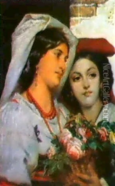 Zwei Romische Madchen Mit Blumenkorb Oil Painting - Antonio Zona