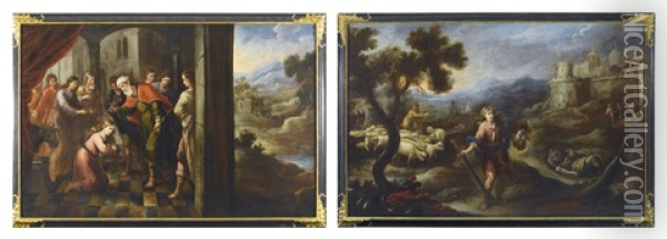 Samuel Anoints David; David Triumphs Over Goliath (pair) Oil Painting - Francisco Antolinez