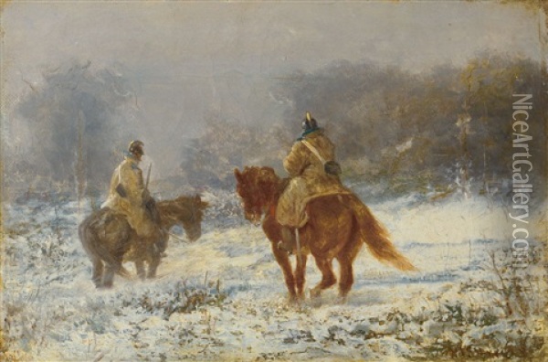 Winterlandschaft Mit Zwei Berittenen Soldaten Oil Painting - Adolf Schreyer