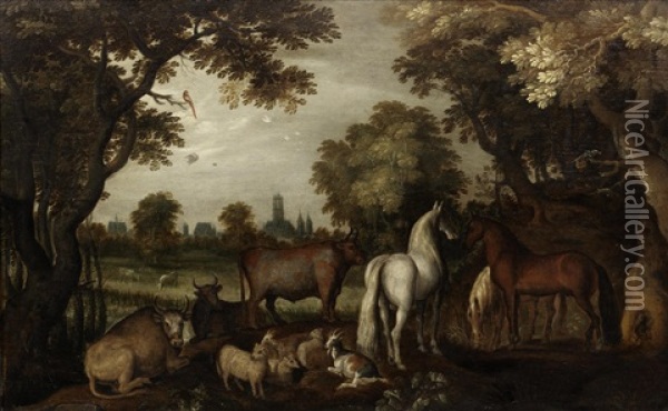 Horses, Cattle, Sheep And Goats Beneath Trees In The Foreground Oil Painting - Roelandt Savery