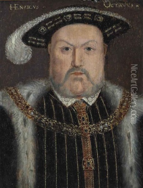 Portrait Of King Henry Viii (1491-1547), Bust-length, In A Fur-lined Cloak And Gold-brocade Doublet, With A Chain And Feathered Black Hat Oil Painting - Hans Holbein the Younger