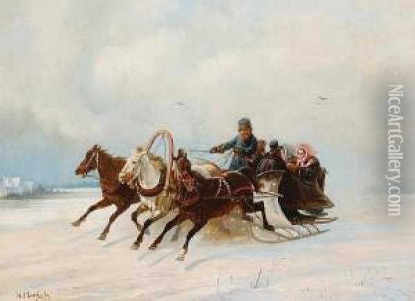 A Troika Ride Through The Snow Oil Painting - Nikolai Egorovich Sverchkov