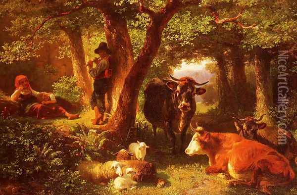 Waldmotiv Mit Kuhen (Forest scene with cows) Oil Painting - Friedrich Johann Voltz