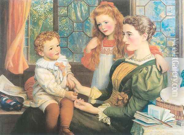 Mrs. Norman Hill and Children 1897 Oil Painting - Arthur Hughes